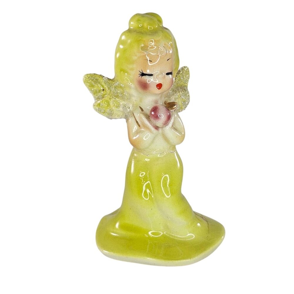 Vintage Josef Originals Ceramic Wishes Get Well Angel Figurine Green *Repaired*